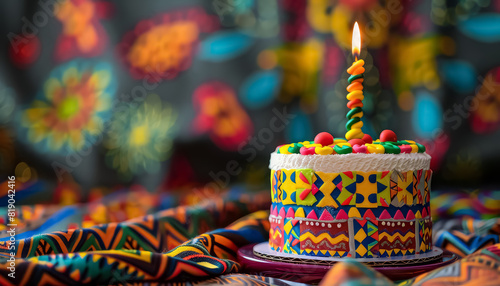 A multi-layered cake with a colorful african design on it