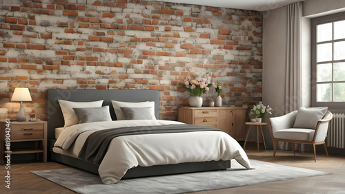 Bedroom interior rusty stone wall with floral framing and furniture © esinesra