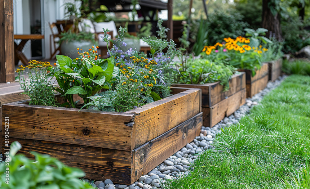 Wooden flower boxes in garden. A photo of wooden raised beds in the garden Wooden flower boxes in garden. A photo of wooden raised beds in the garden