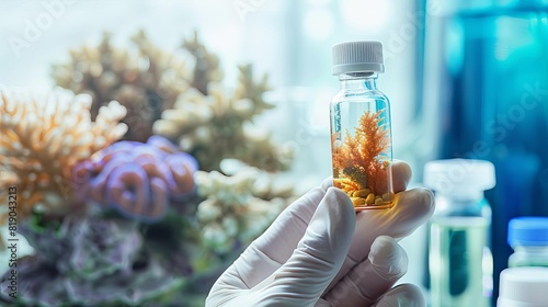 Fototapeta Naklejka Na Ścianę i Meble -  A healthcare professional holding a vial of medicine derived from coral reef organisms