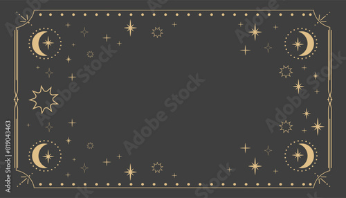 Golden celestial minimal esoteric frame, thin line border, mystyc linear decoration with dots, moon, stars corners isolated on dark background. Geometric shape, tarrot 