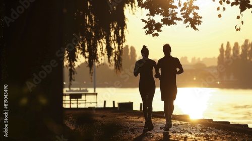 Couple jogging. Silhouette in sunlight © Vladyslav  Andrukhiv