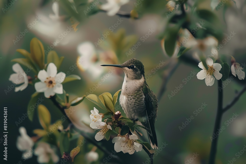 Fototapeta premium Hummingbird perched on a blooming branch with white flowers and green leaves in a tranquil natural setting.