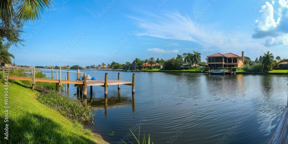 Obraz premium A panoramic view of a waterfront property with a dock.