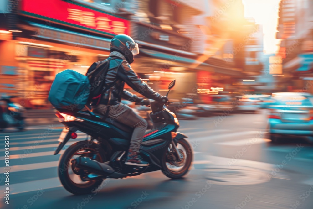 Courier, delivery man on the motorcycles in the street, Fast transport express home delivery online order, food delivery, Blurred image