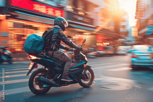 Courier  delivery man on the motorcycles in the street  Fast transport express home delivery online order  food delivery  Blurred image