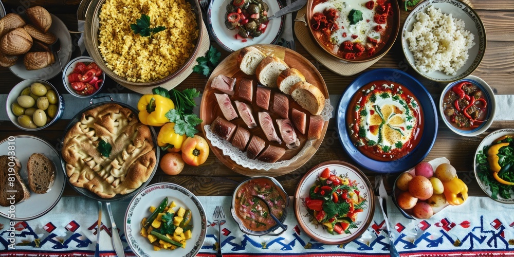 Fototapeta premium Covered table with traditional Ukrainian food, top view, horizontal