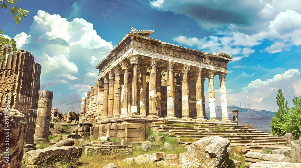 Obraz premium Lush overgrowth surrounding ancient Greek temple remnants against a backdrop of aged structures