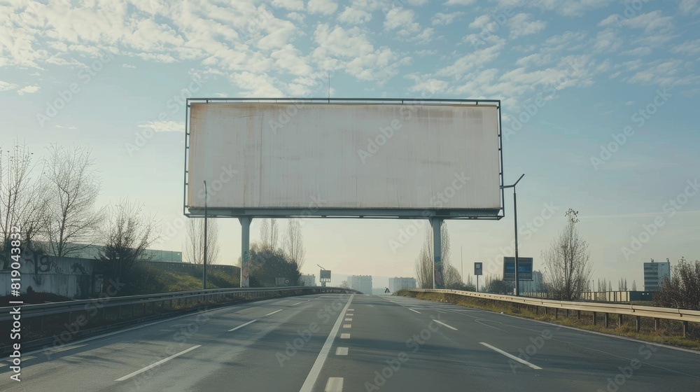 Obraz premium An empty large billboard stands prominently by the roadside against a clear sky, perfect for advertising