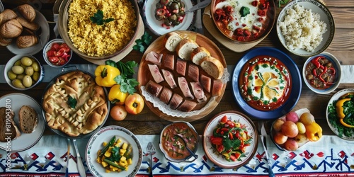 Covered table with traditional Ukrainian food, top view, horizontal photo