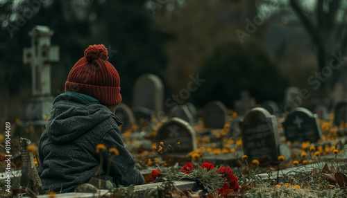 A young boy is sitting in a cemetery, surrounded by red flowers
