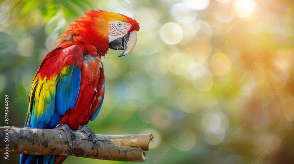 Vivid red, yellow, and blue parrot perched on branch against soft glowing green background resembling tropical adventure and wildlife exploration themes. Copy space Vivid red, yellow, and blue parrot perched on branch against soft glowing green background resembling tropical adventure and wildlife exploration themes. Copy space