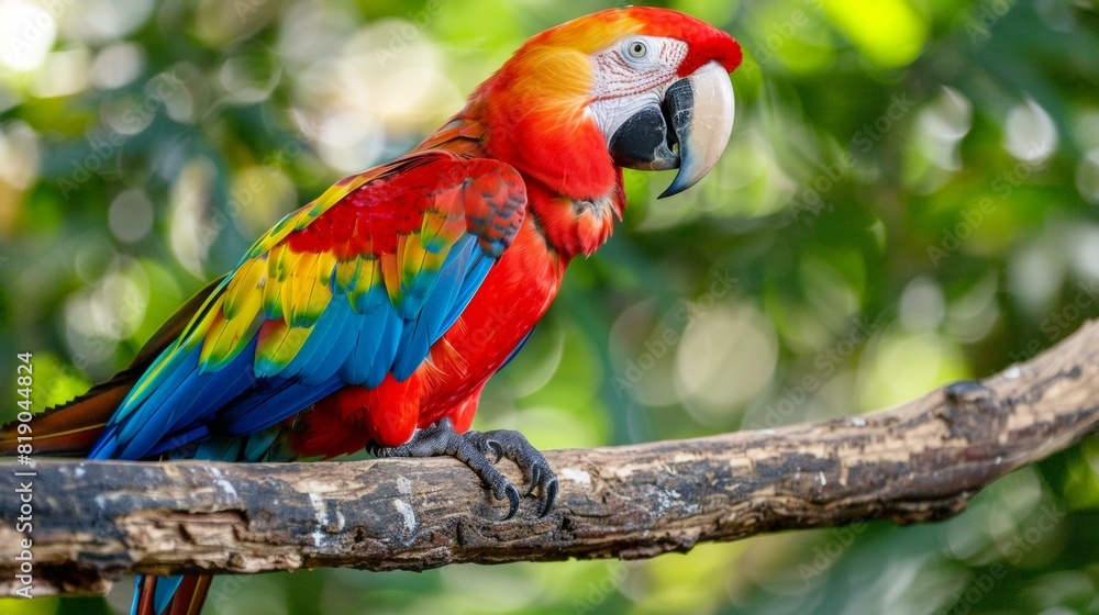 Stunning scarlet macaw perched on branch showcases brilliant red, blue, green feathers against lush, leafy background, evoking tropical rainforest vibrancy. Copy space