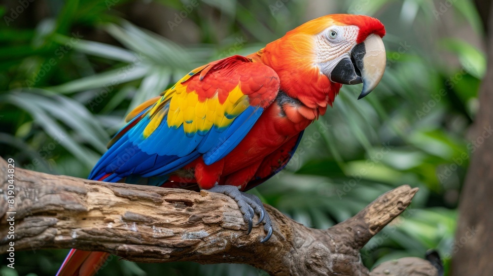 Colorful macaw parrot perched on tree branch with lush green foliage background, evoking tropical jungle theme. Copy space.