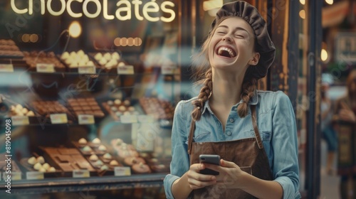 Joyful Chocolate Shop Owner with Phone photo