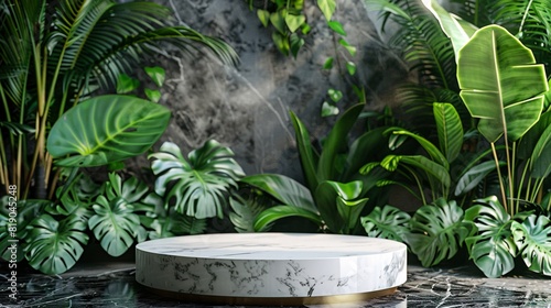 Contemporary white marble podium stage rack against a lush backdrop of tropical leaves  exuding elegance and realism.
