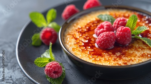 Creme Brule with raspberries and mint on black plate photo