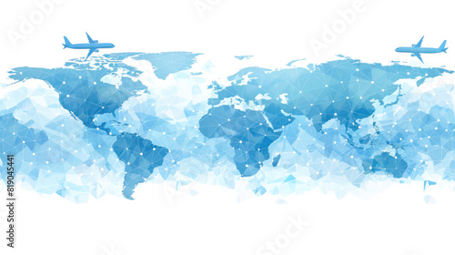 Wallpaper Mural A blue and white world map with two airplanes flying over it. The map is filled with dots and lines, giving it a modern and abstract look. The airplanes are positioned at different heights and angles Torontodigital.ca