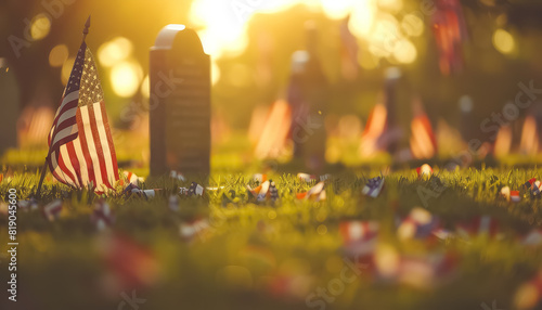 A cemetery with many American flags on the grass photo