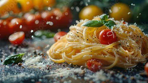 Raw pasta in composition with vegetables