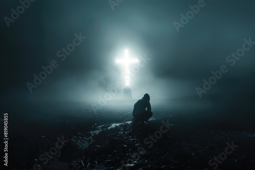 Cross in the light with a man kneeling in front of it. Dark, foggy landscape. photo