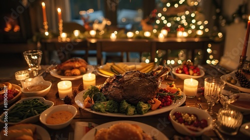 a festive christmas dinner table set with white plates, silver forks, and lit candles, featuring a variety of food and drink items on a wooden table