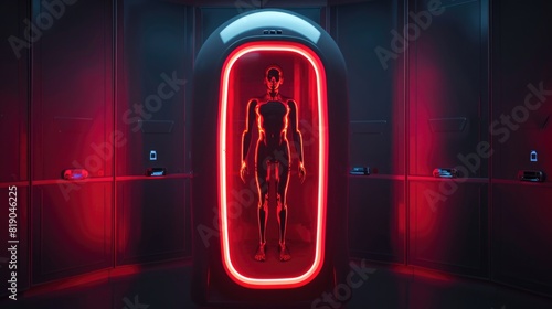 Cryogenic hibernation capsule with human body inside illuminated with red light. Science fiction cryonics technology for humans photo