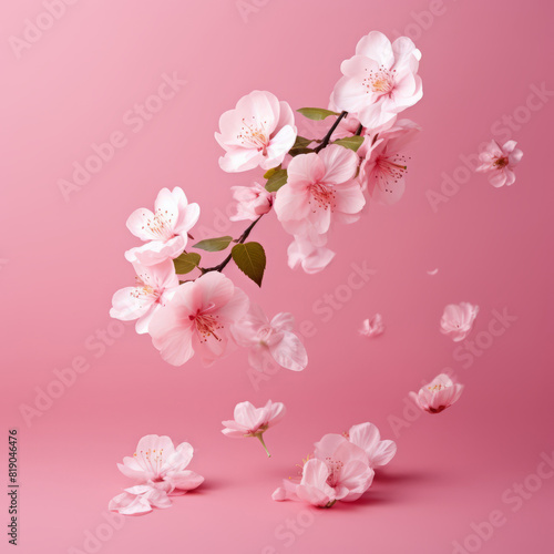 Sakura flowers isolated on pink background. Cherry blossom, Sakura tree branch