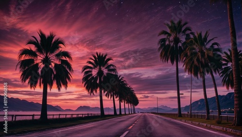 ヤシの木がある南国の道路の夕方の風景