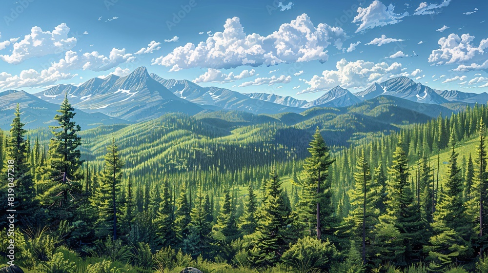 Vector art of a vibrant Montana landscape, with lush forests and a clear blue sky.