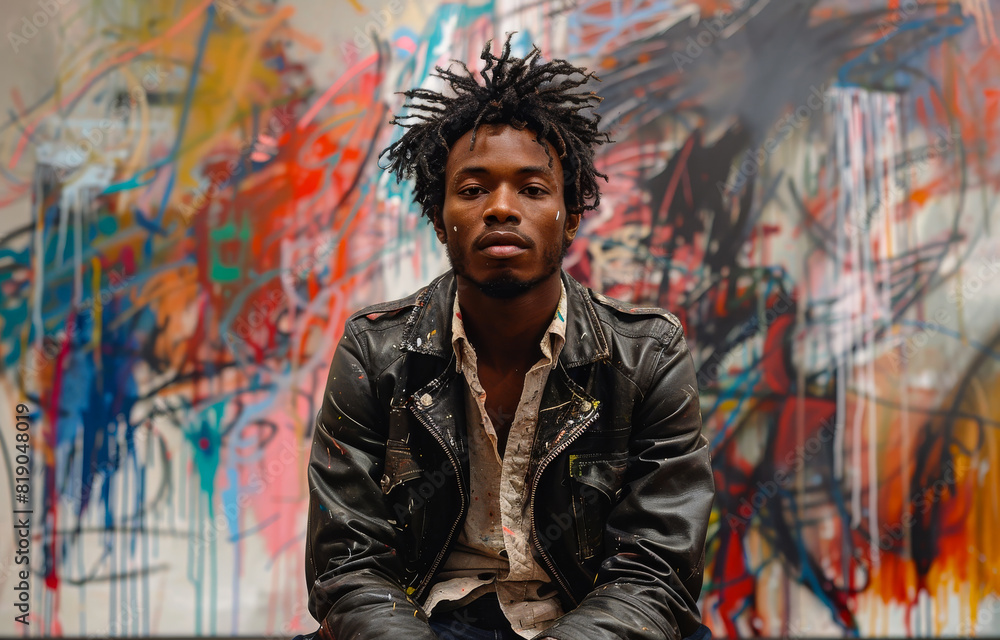 Young man with dreadlocks sits in front of colorful abstract painting. Young man with dreadlocks sits in front of colorful abstract painting.
