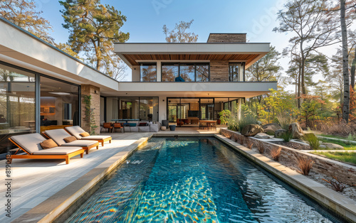 Modern house with pool and deck.