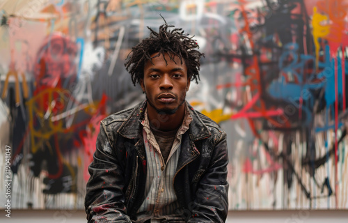 Young man sits in front of wall of graffiti