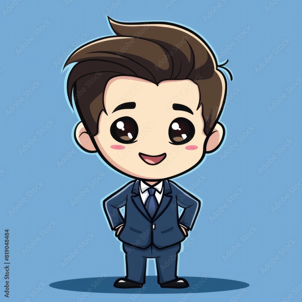 Cute businessman chibi picture. Cartoon happy drawn characters