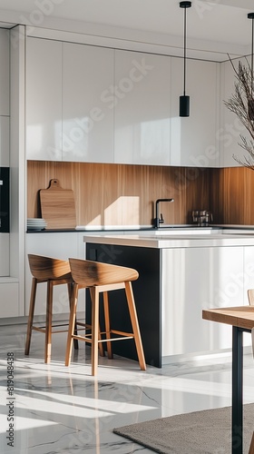 Vertical Image Of A Modern Kitchen Counter With A Dining Counter And Chairs.