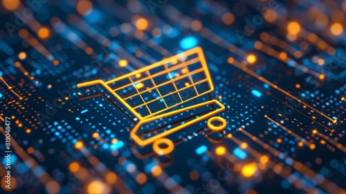 Digital illustration of a shopping cart icon surrounded by blue and yellow hues, representing an intuitive e-commerce platform designed for effortless online shopping experiences