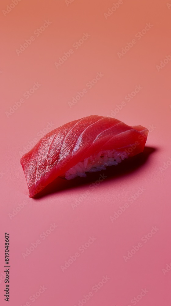 A vibrant pink background accentuates the red tuna atop sushi rice, creating a modern and appealing food presentation A vibrant pink background accentuates the red tuna atop sushi rice, creating a modern and appealing food presentation