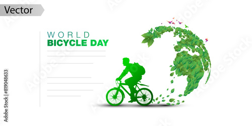 Banner vector illustration of World Bicycle Day. Green Environment, eco Leaf world map and cycle rider man background.