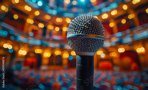 Microphone on stage in concert hall or theater waiting for voice