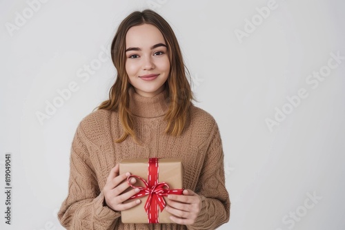 pretty young woman holding present photo on white isolated background © Aditya