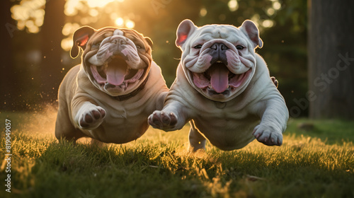 Two Bulldogs playfully wrestling in a grassy park, their tails wagging and tongues lolling with joy. photo