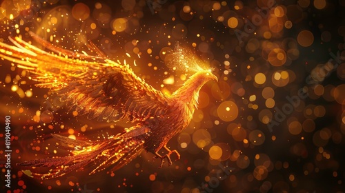 Phoenix bird fire fantasy firebird abstract magic 3D eagle animal. Phoenix bird fire tale character illustration render hawk fairy wings graphic feather gold background fenix logo icon red art pheonix photo