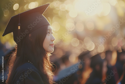 Cinematic photo of Asian students wearing black graduation caps and gowns at the university campus outdoors