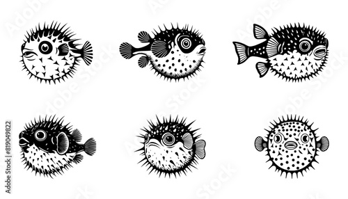 set of pufferfish silhouettes, isolated background