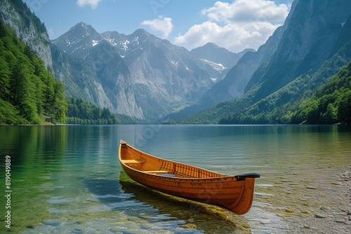 Wooden Canoe on Alpine Lake A wooden canoe peacefully floating on the clear waters of an alpine lake surrounded by mountains