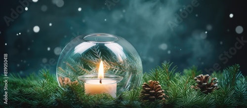 Christmas background texture layout candle in a transparent ball the spruce branches Copy space