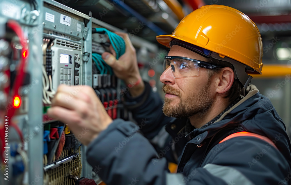 Man wearing hard hat and safety glasses works on control panel. Man wearing hard hat and safety glasses works on control panel.
