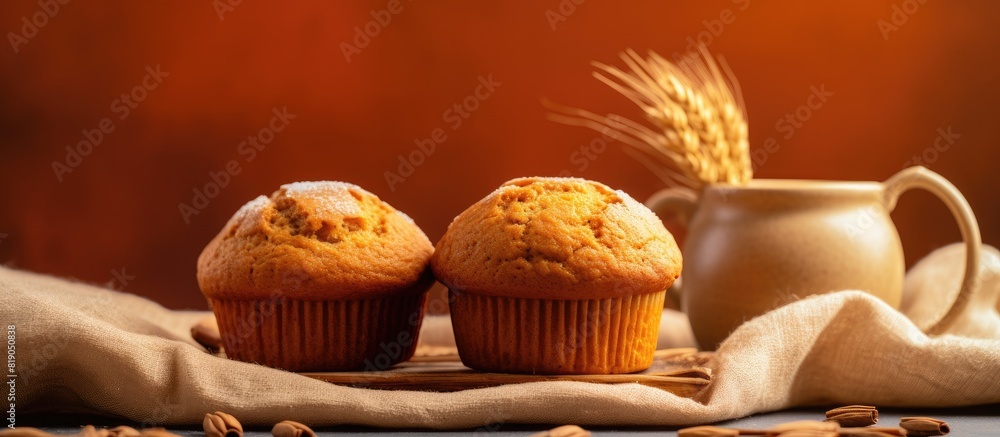 Homemade pumpkin cakes on cotton fabric background with copy space Homemade pumpkin cakes on cotton fabric background with copy space