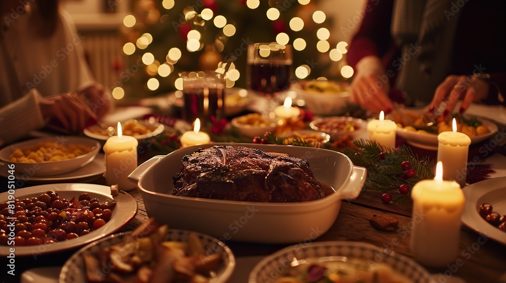 a festive table set with white plates, bowls, and candles, featuring a variety of food and drinks