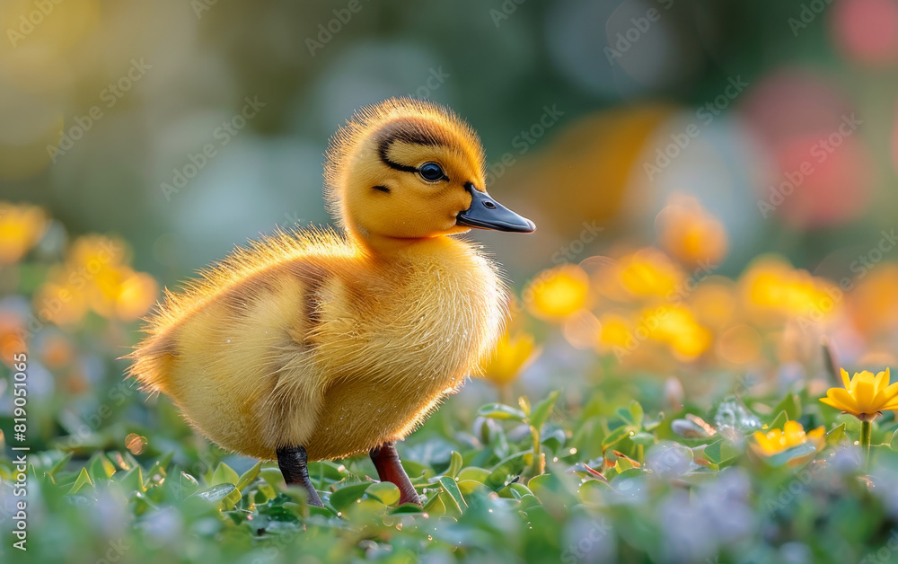 Cute duckling walking on the grass with flowers Cute duckling walking on the grass with flowers